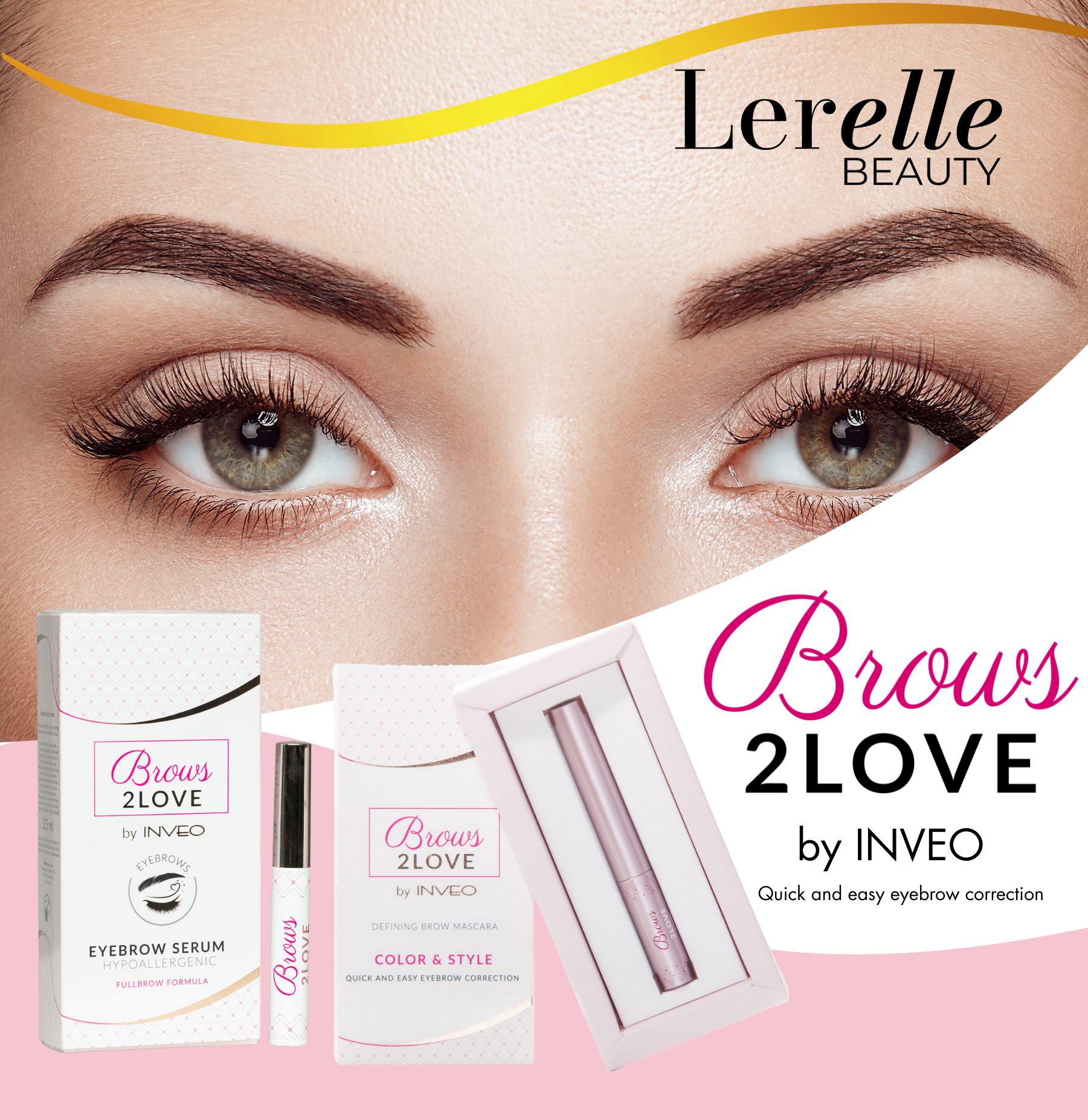 Lerelle Beauty Brow products with a close-up of eyes and eyebrow product packaging.