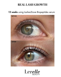 Before and after comparison of eye lashes using Lashes2Love Biopeptides serum by Lerelle Beauty.