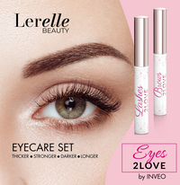 Eyecare set with eye cream and mascara on a pink background, featuring Lerelle Beauty branding.
