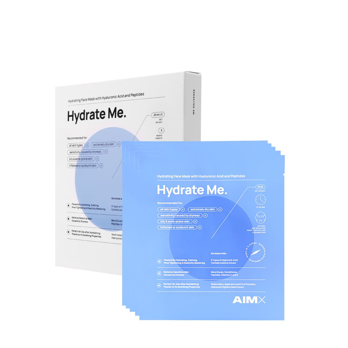 Lerelle Beauty Aimx Hydrate Me Korean sheet mask box and pouches angle