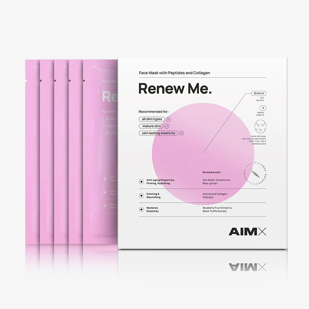 Lerelle Beauty Aimx Renew Me Korean sheet mask box with pouch stack