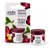 Lerelle Beauty cherry lip jelly in a jar with a burgundy lid beside its retail card