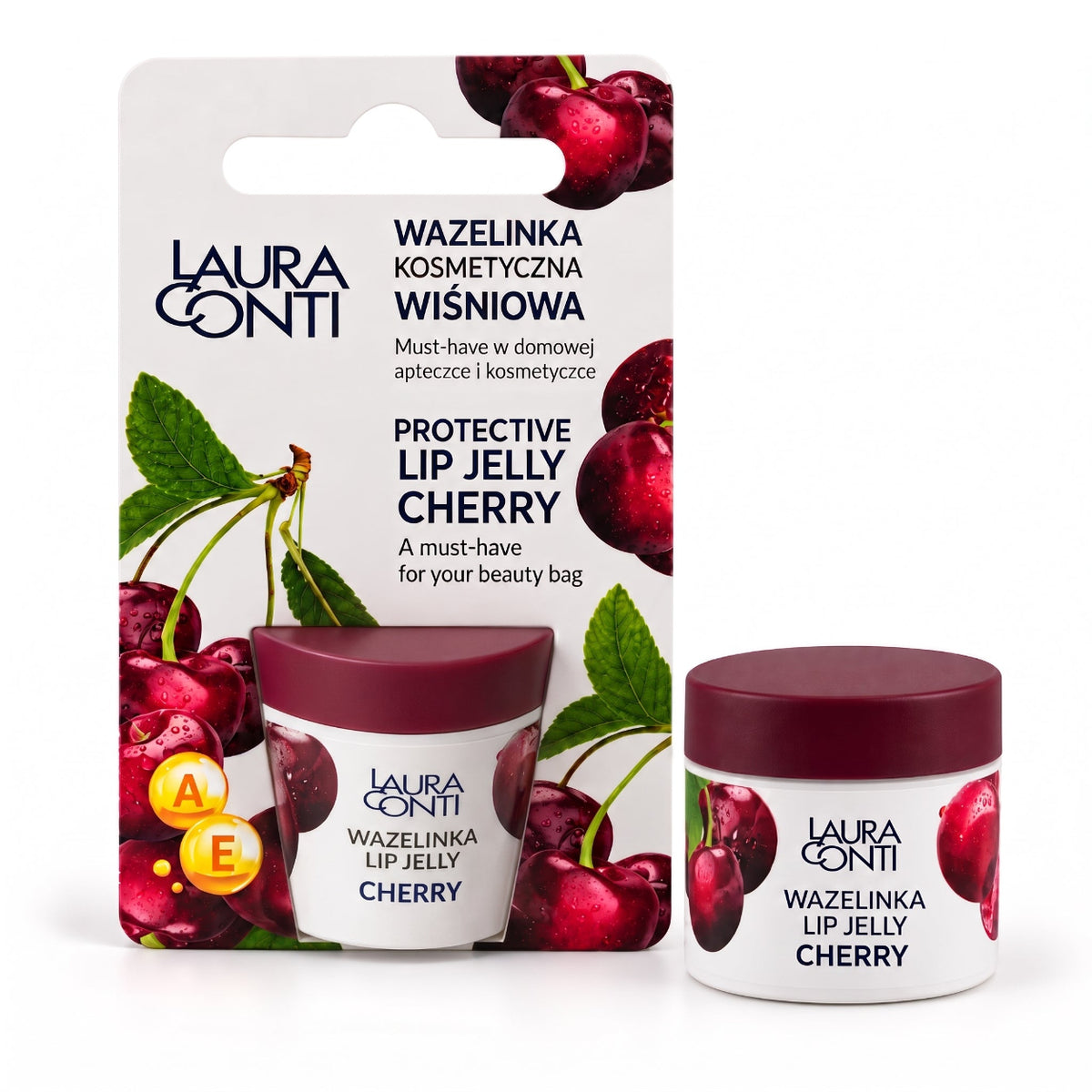 Lerelle Beauty cherry lip jelly in a jar with a burgundy lid beside its retail card