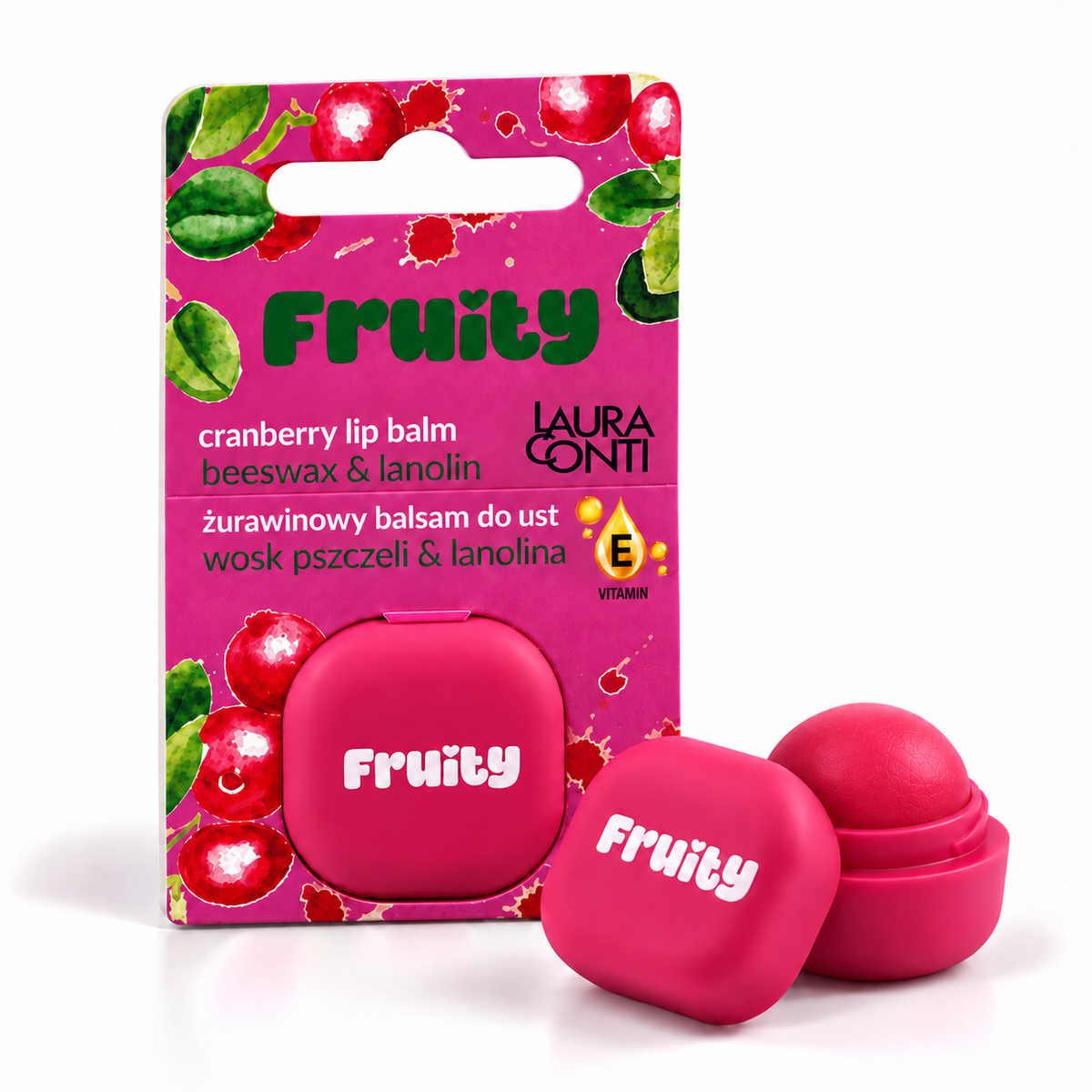 Lerelle Beauty Fruity cranberry lip balm in a pink pot with its pink retail card