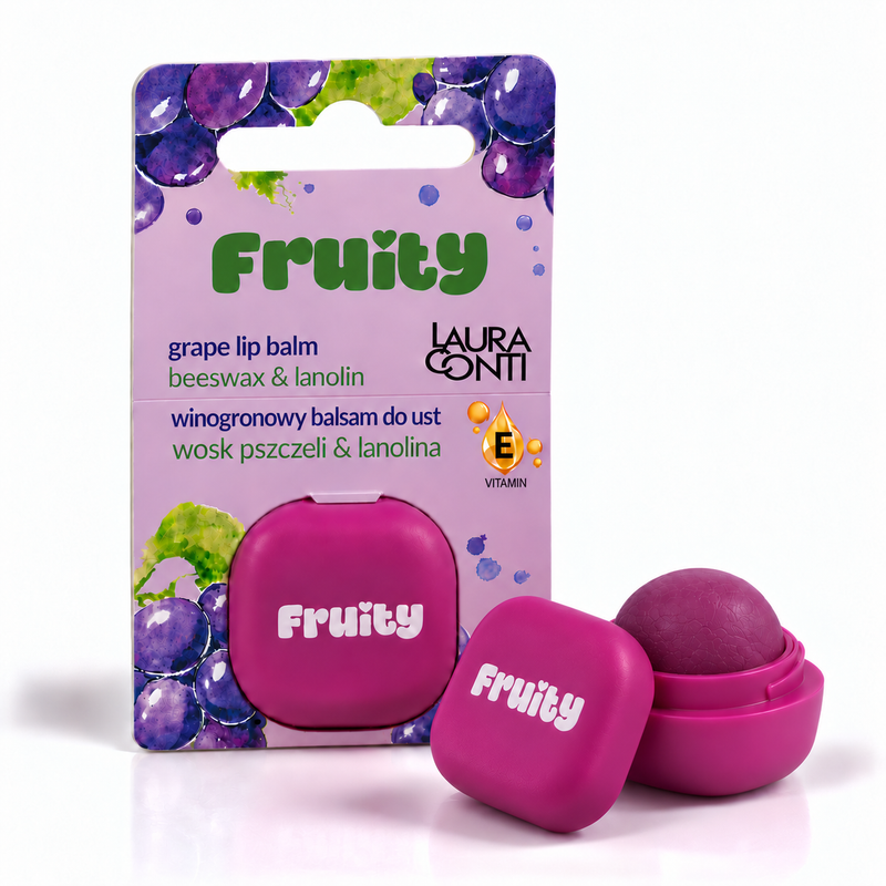 Lerelle Beauty Fruity grape lip balm in a magenta pot with its lilac retail card
