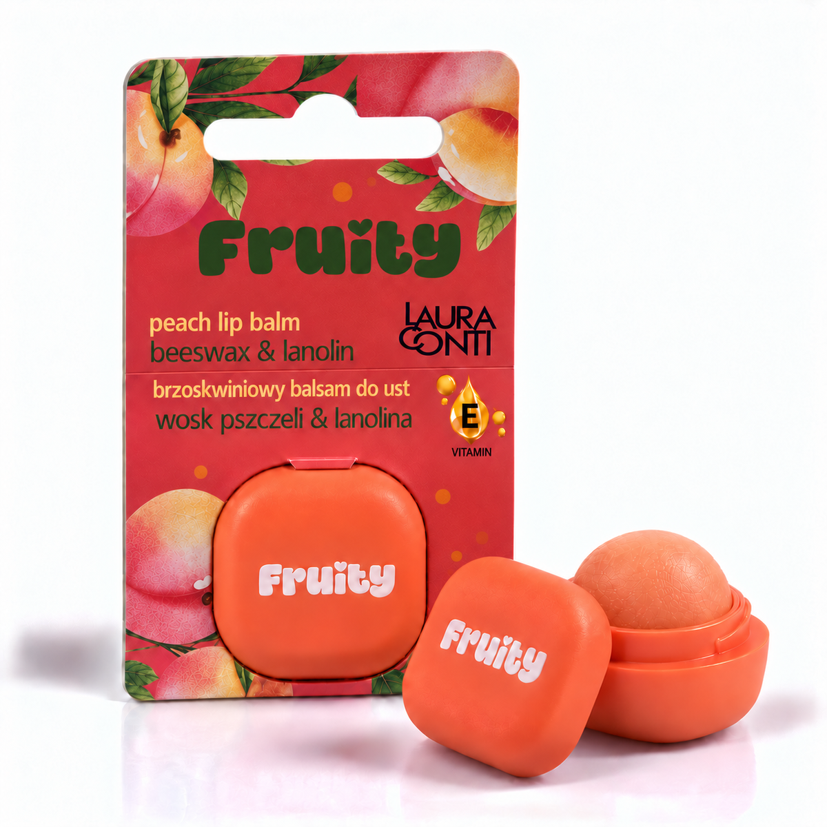 Lerelle Beauty Fruity peach lip balm in an orange pot with its red retail card