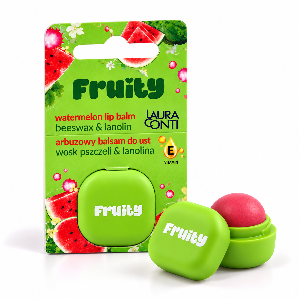 Lerelle Beauty Fruity watermelon lip balm in its pack beside an open pot with pink balm