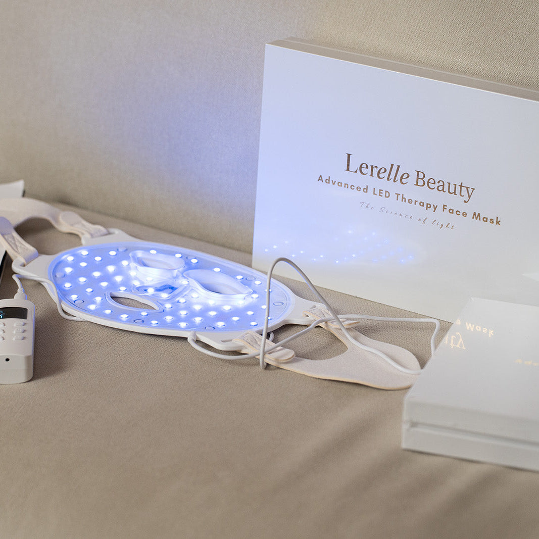 Lerelle Beauty LED light therapy face mask in blue light mode with remote controller and packaging