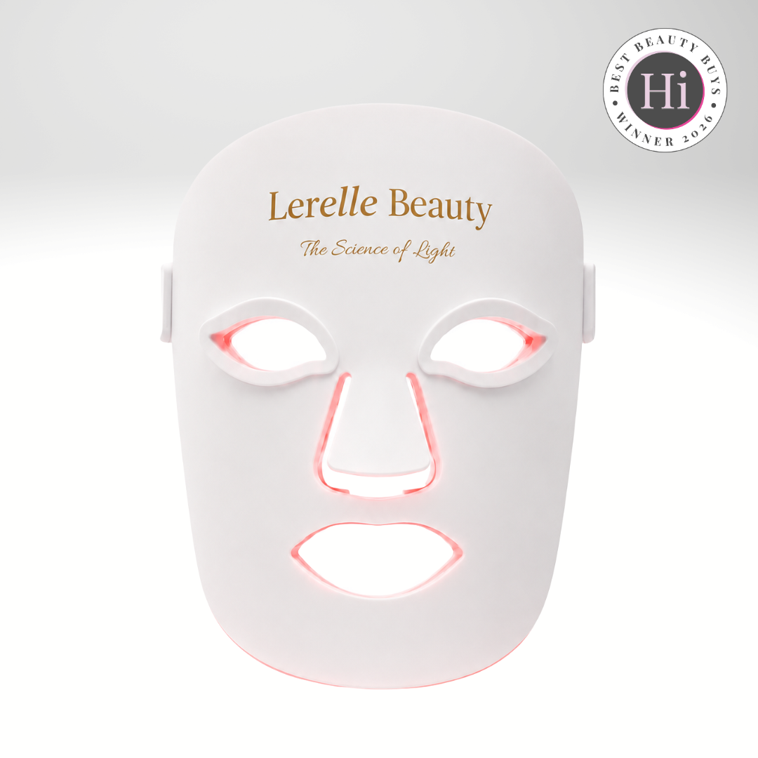 Lerelle Beauty red light therapy face mask with glowing red LEDs around the eyes, nose and mouth, HiStyle Best Beauty Tool Award 2026 winner