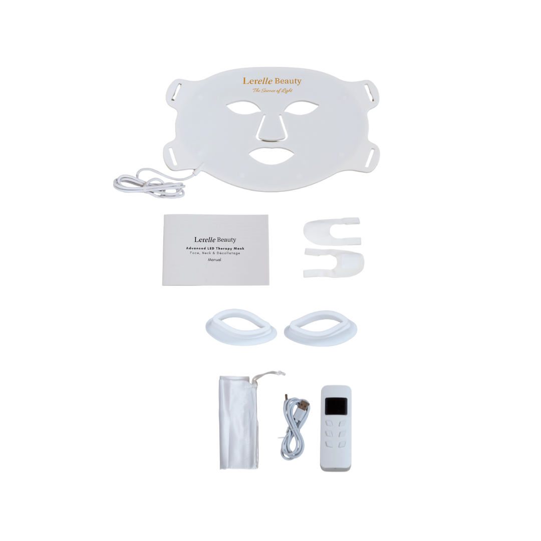 Lerelle Beauty LED light therapy face mask set with remote controller, eye shields, charging cables, manual and travel bag