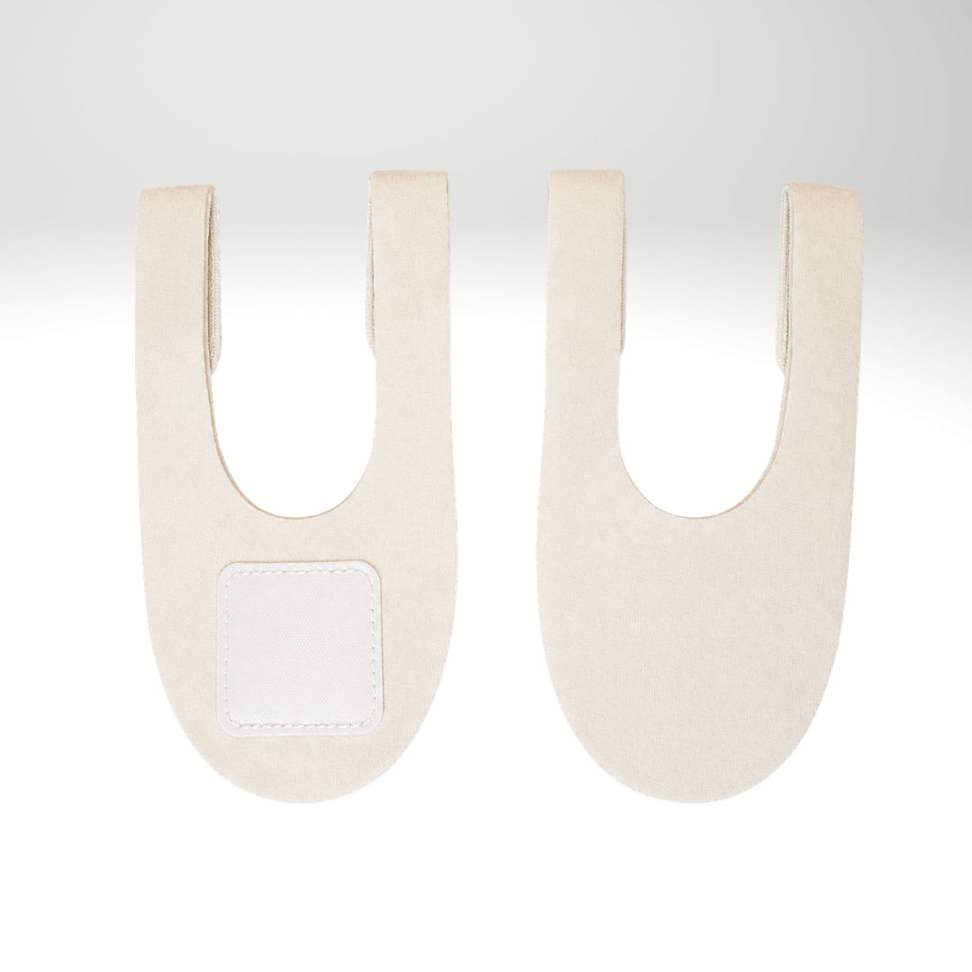 A pair of off-white U-shaped felt or fabric led face mask replacement straps shown against a light gray gradient background.