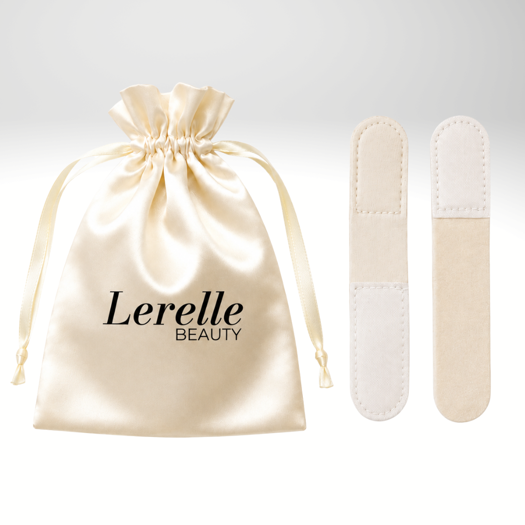 A cream satin drawstring pouch with 'Lerelle BEAUTY' printed in black on the front, shown next to two matching led neck mask replacement straps on a light gray gradient background.