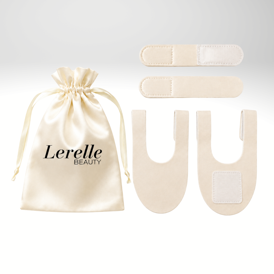 A set of cream led face and neck replacement straps , displayed next to a cream satin drawstring pouch printed with 'Lerelle BEAUTY' on a light gray background.