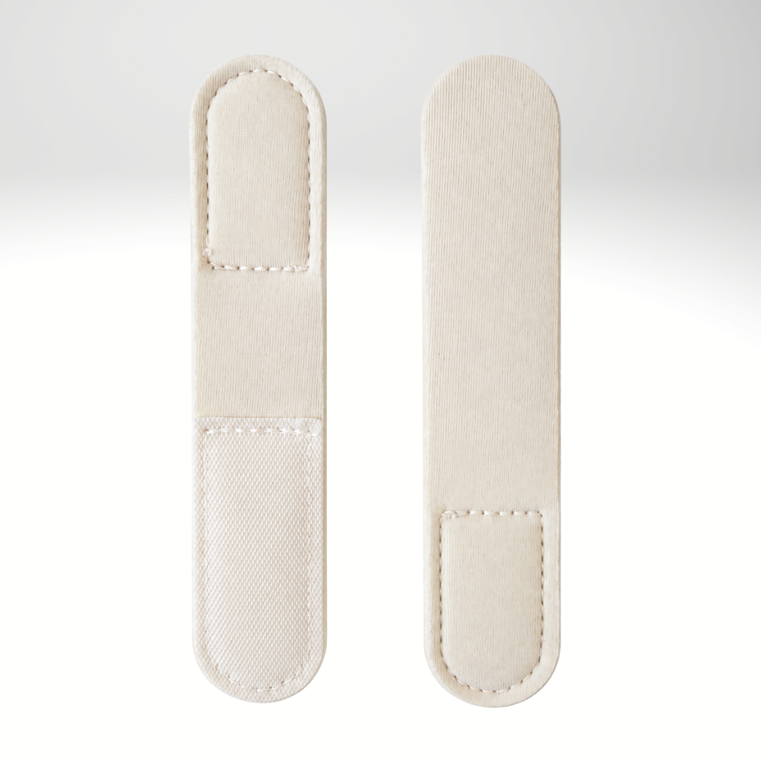 Two cream led neck mask replacement straps shown side-by-side on a light gray gradient background.