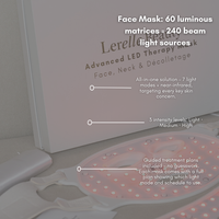 Lerelle Beauty red light therapy face mask spec graphic: 60 luminous matrices, 7 light modes with near-infrared, 3 intensity levels, and guided treatment plans