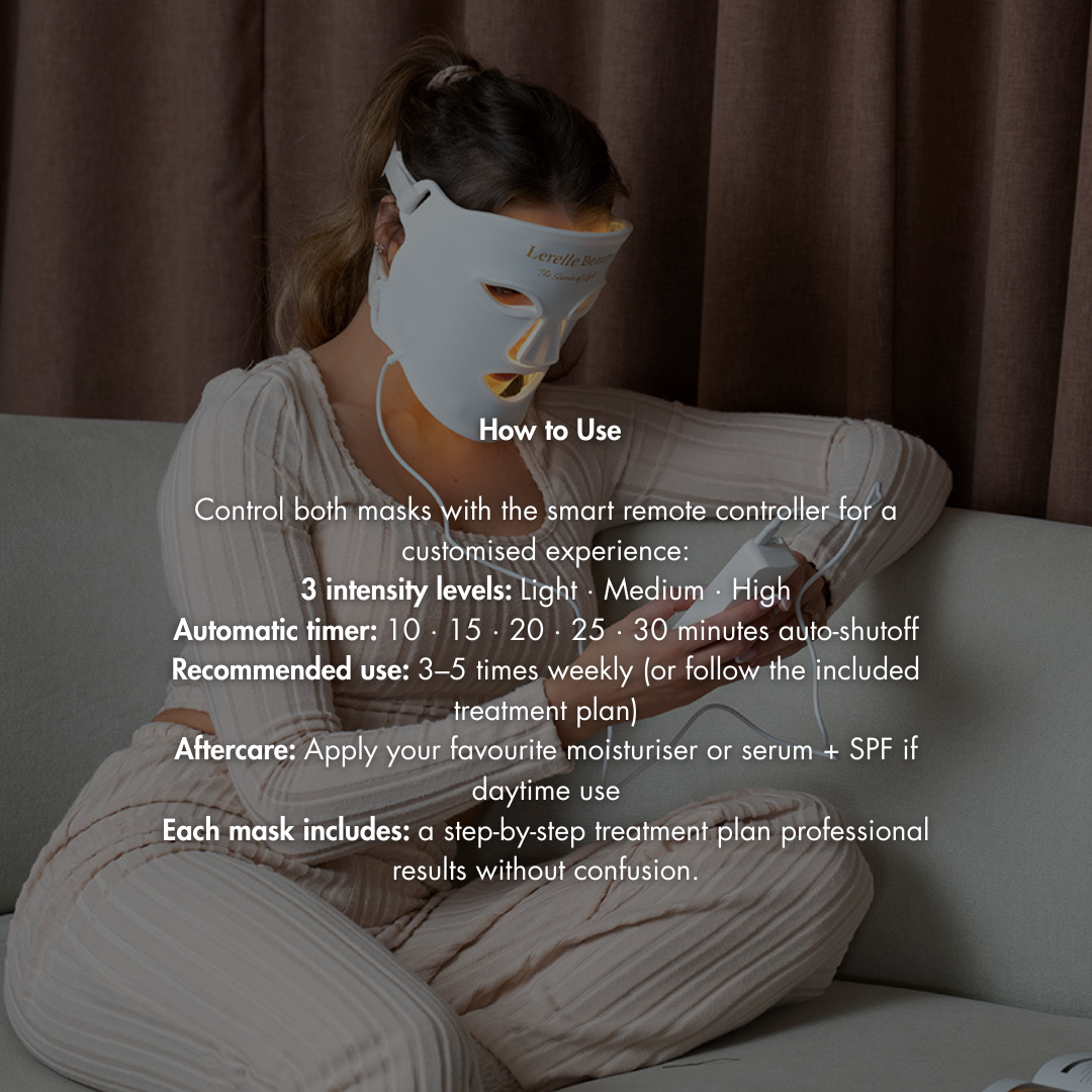Lerelle Beauty LED light therapy face mask how-to-use guide showing timer settings, intensity levels and recommended treatment frequency