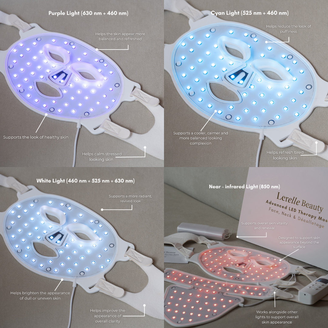 Lerelle Beauty LED light therapy mask showing purple, cyan, white and near-infrared light modes with skin benefit callouts