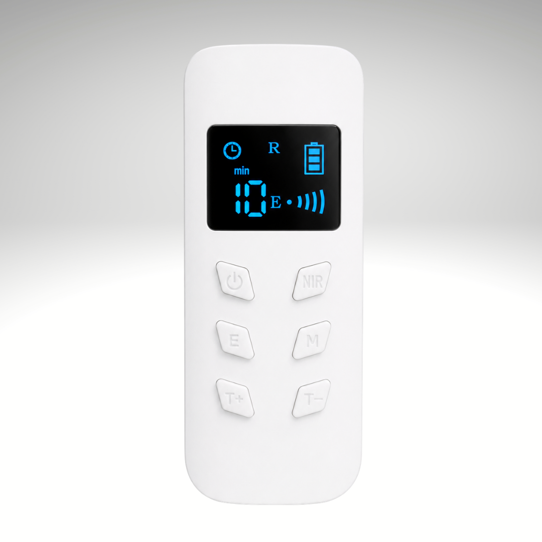 Lerelle Beauty LED mask remote control, dual connector, display showing 10-minute timer setting.