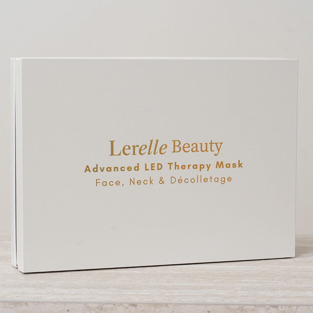 Lerelle Beauty LED light therapy face, neck and décolletage mask set packaging in white box