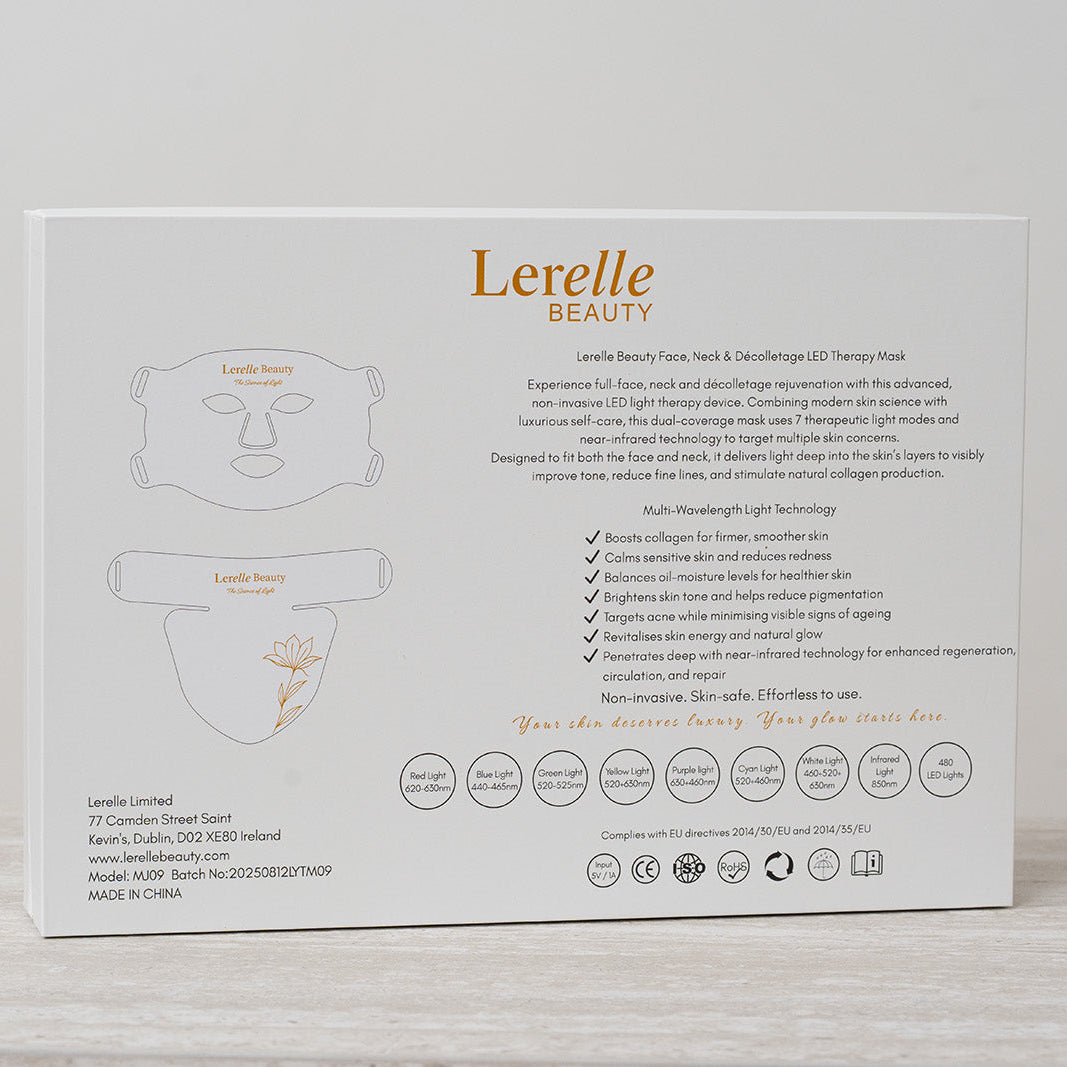 Lerelle Beauty LED light therapy face, neck and décolletage mask packaging showing wavelengths, 480 LEDs and certification icons