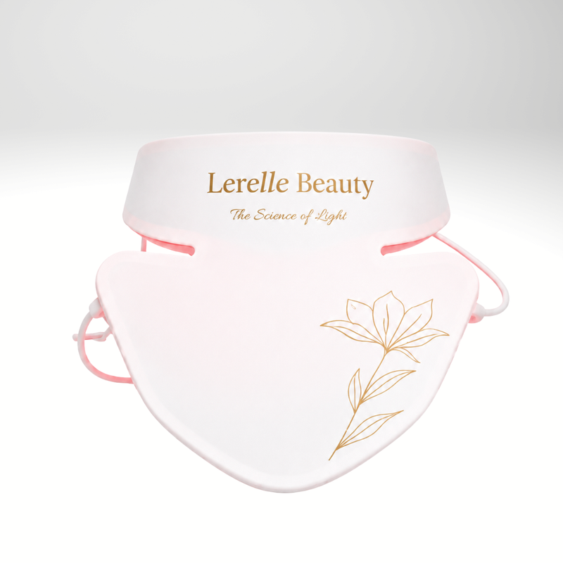 Lerelle Beauty LED neck and décolletage mask in white with a gold floral design and brand logo on the strap