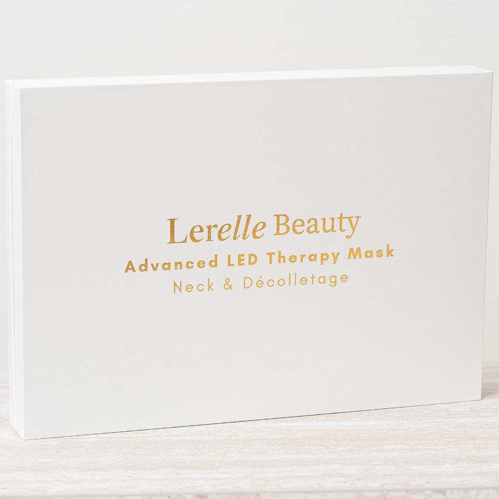 Lerelle Beauty LED light therapy neck and décolletage mask packaging in white box