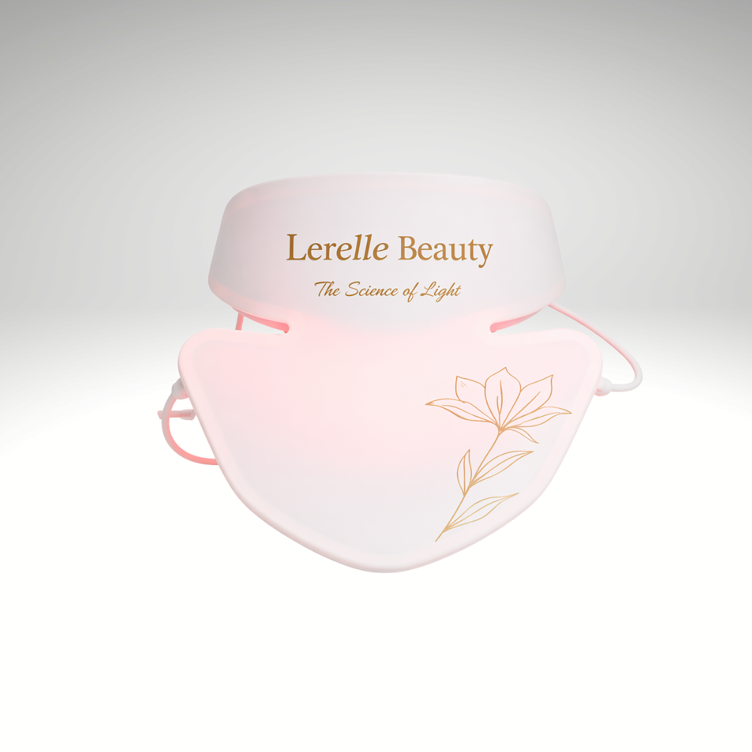 Lerelle Beauty LED neck and décolletage mask studio shot with gold logo and floral line-art design