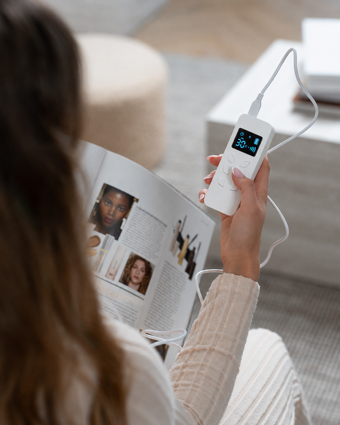 Lerelle Beauty LED mask remote control held in hand while relaxing at home