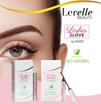 Lerelle Beauty Lashes2Love Biopeptides serum and Bio Natural mascara duo packaging with eye close-up