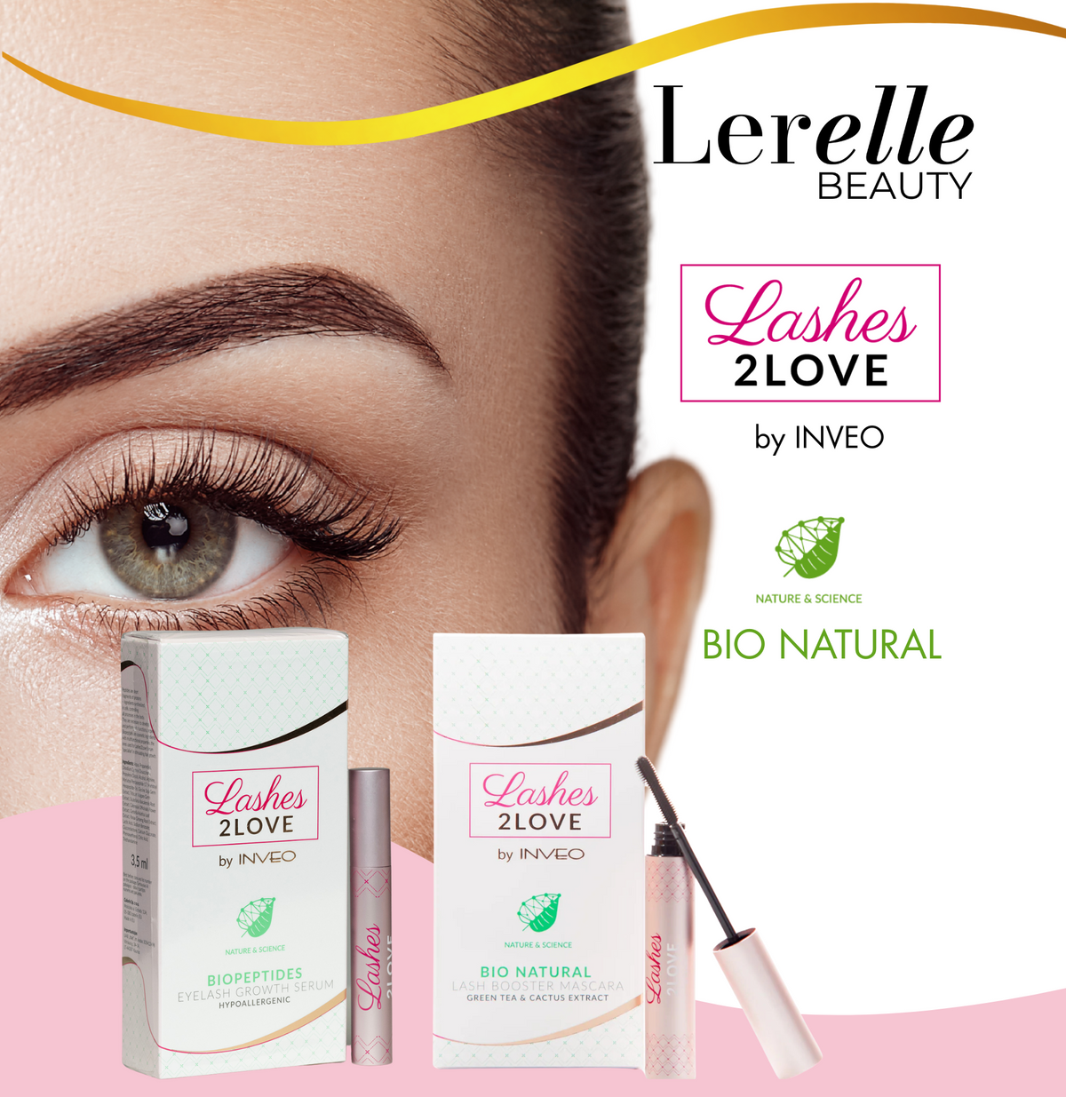 Lerelle Beauty Lashes2Love Biopeptides serum and Bio Natural mascara duo packaging with eye close-up