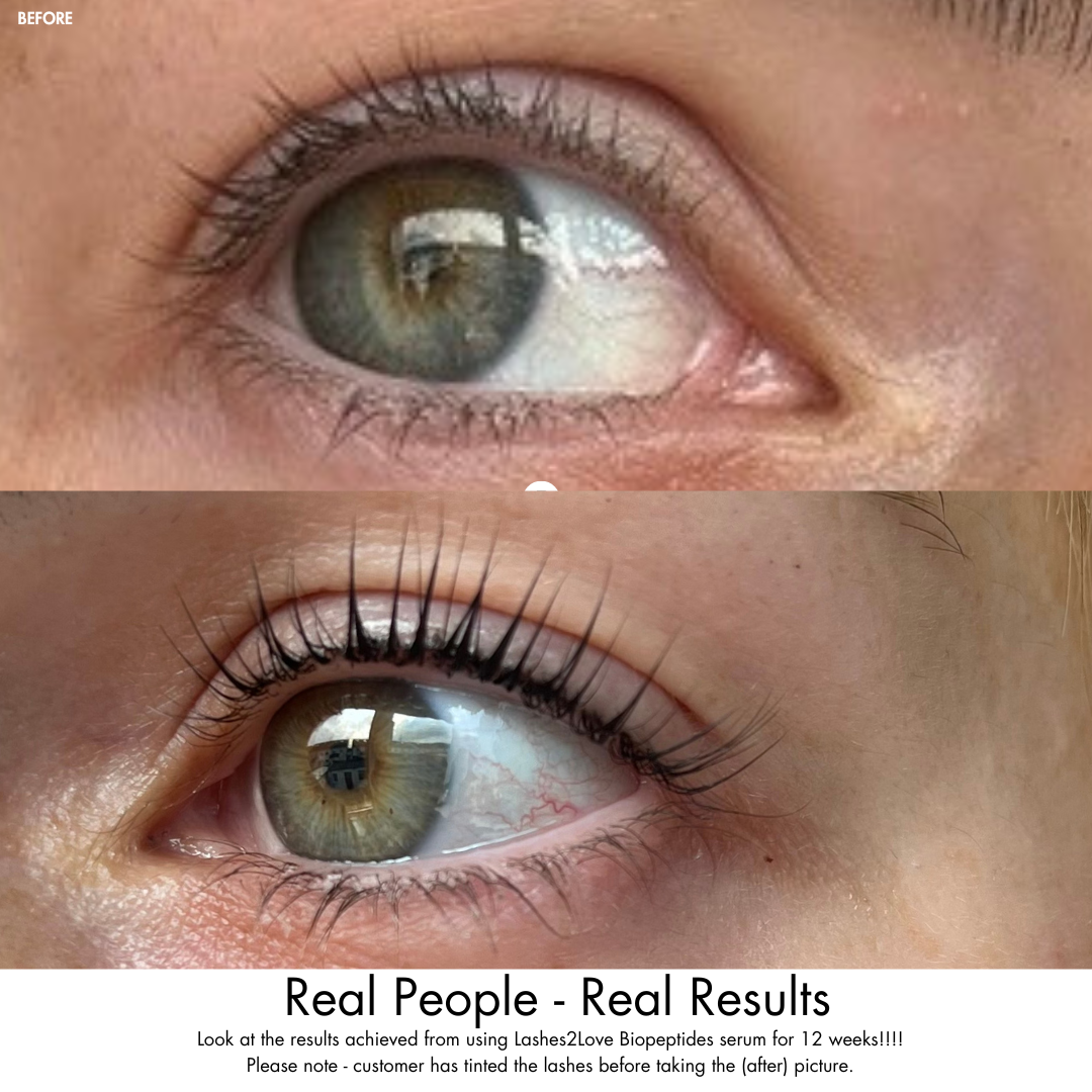 Lerelle Beauty Lashes2Love Biopeptides Lash Serum before and after — note: lashes were tinted for the after photo