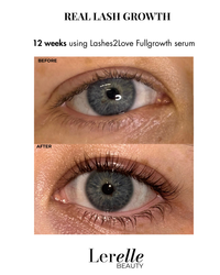 Before and after comparison showing real lash growth after 12 weeks using Lerelle Beauty Lashes2Love FullGrowth serum