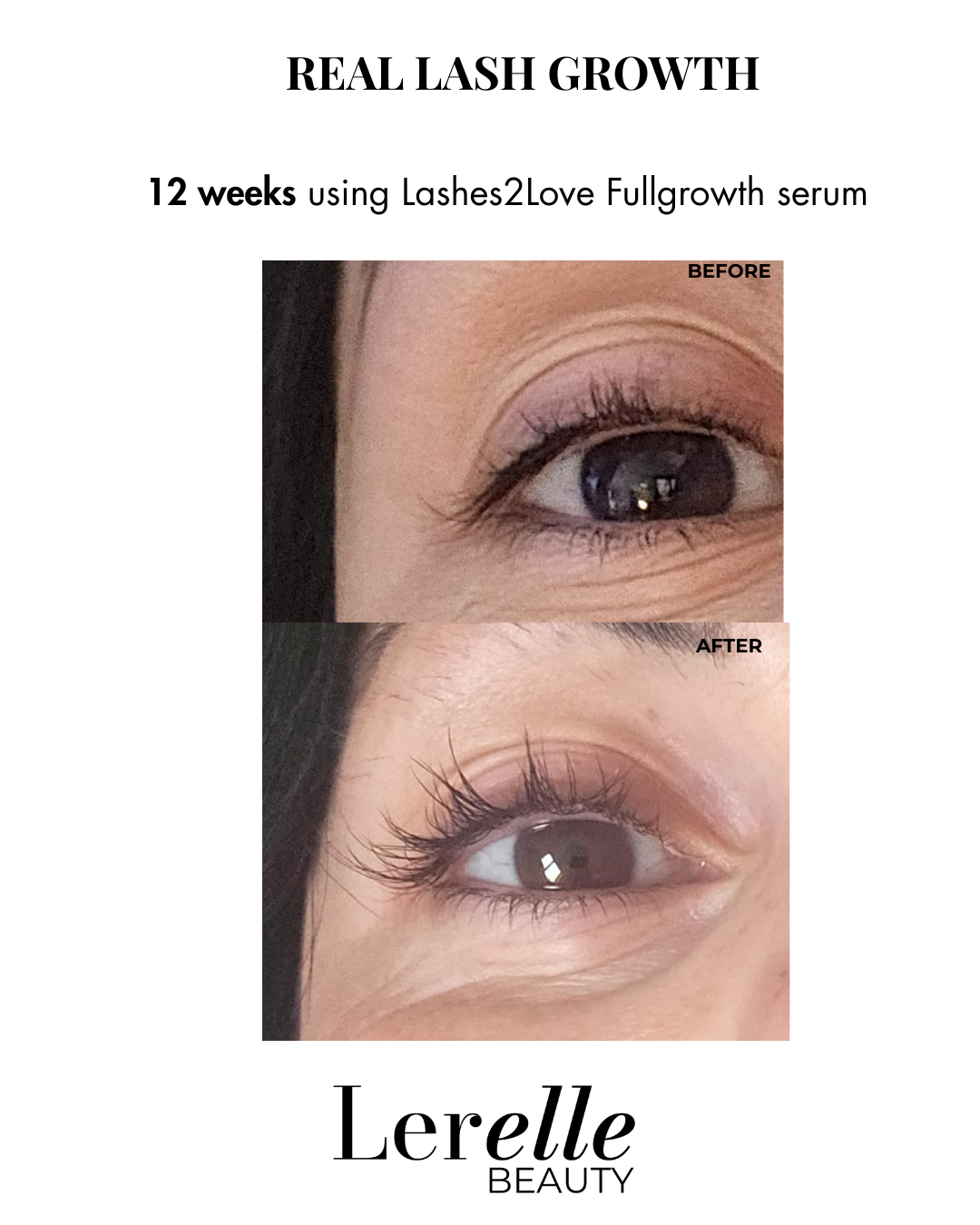 Lerelle Beauty Lashes2Love FullGrowth Lash Growth Serum before and after results after 12 weeks


