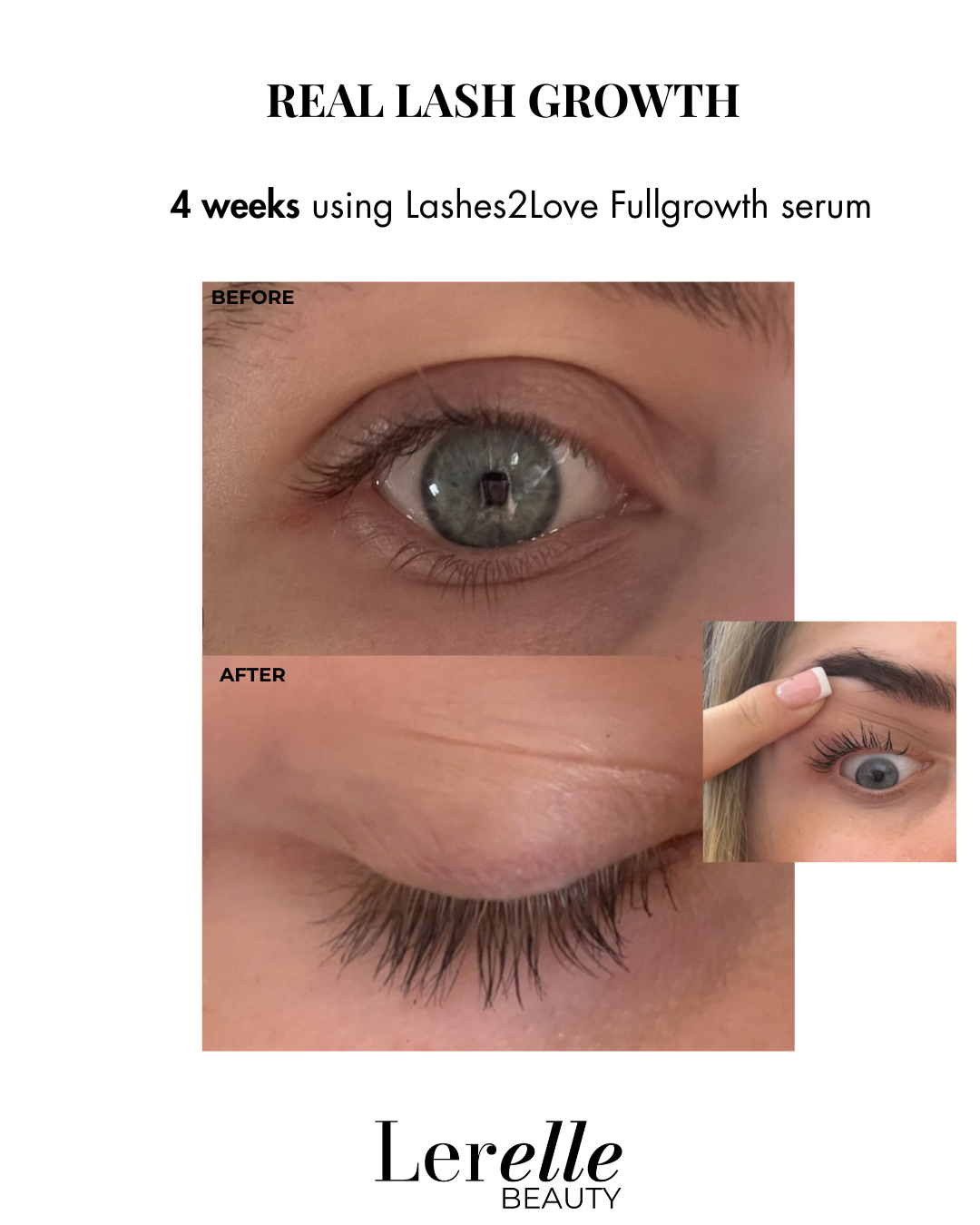 Before and after comparison showing real lash growth after 4 weeks using Lerelle Beauty Lashes2Love FullGrowth serum