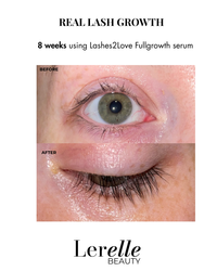 Before and after comparison showing real lash growth after 8 weeks using Lerelle Beauty Lashes2Love FullGrowth serum