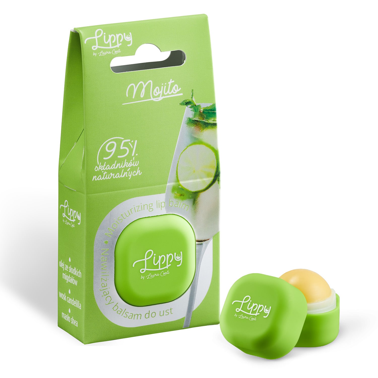 Lerelle Beauty Lippy Mojito natural lip balm box with pot container, open and closed