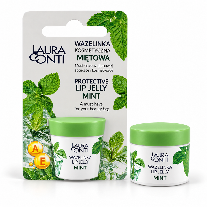 Lerelle Beauty mint lip jelly in a white jar with a green lid beside its retail card