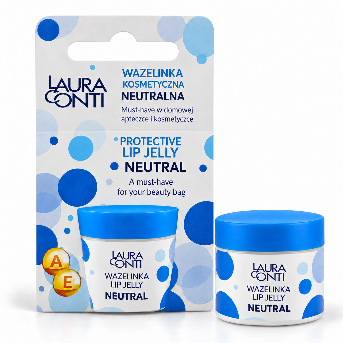 Lerelle Beauty neutral lip jelly in a white jar with a blue lid beside its retail card