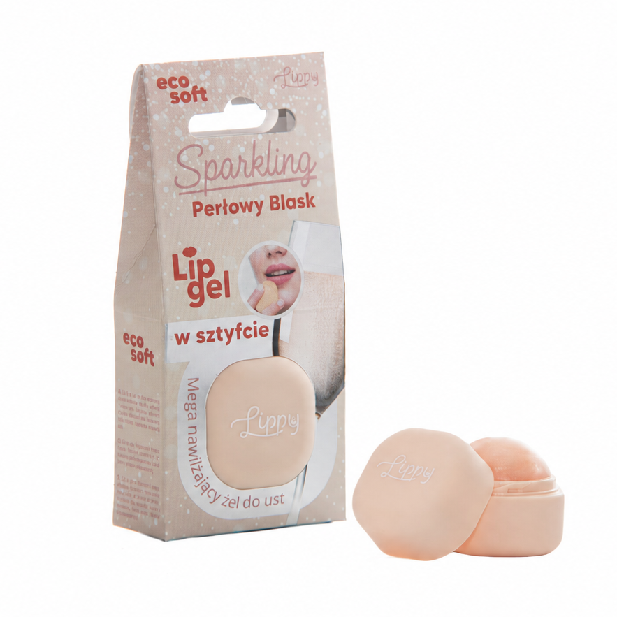 Lipgel Sparkling Perlowy Blask in a peach-colored packaging with two matching peach lip balm capsules shown next to the box on a white background.