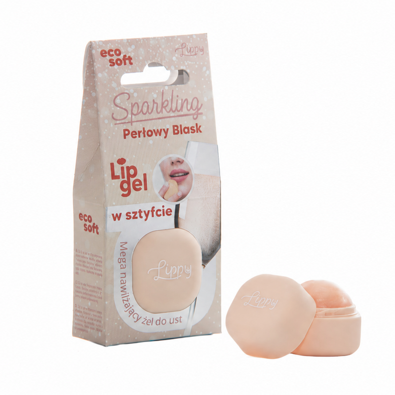 Lipgel Sparkling Perlowy Blask in a peach-colored packaging with two matching peach lip balm capsules shown next to the box on a white background.