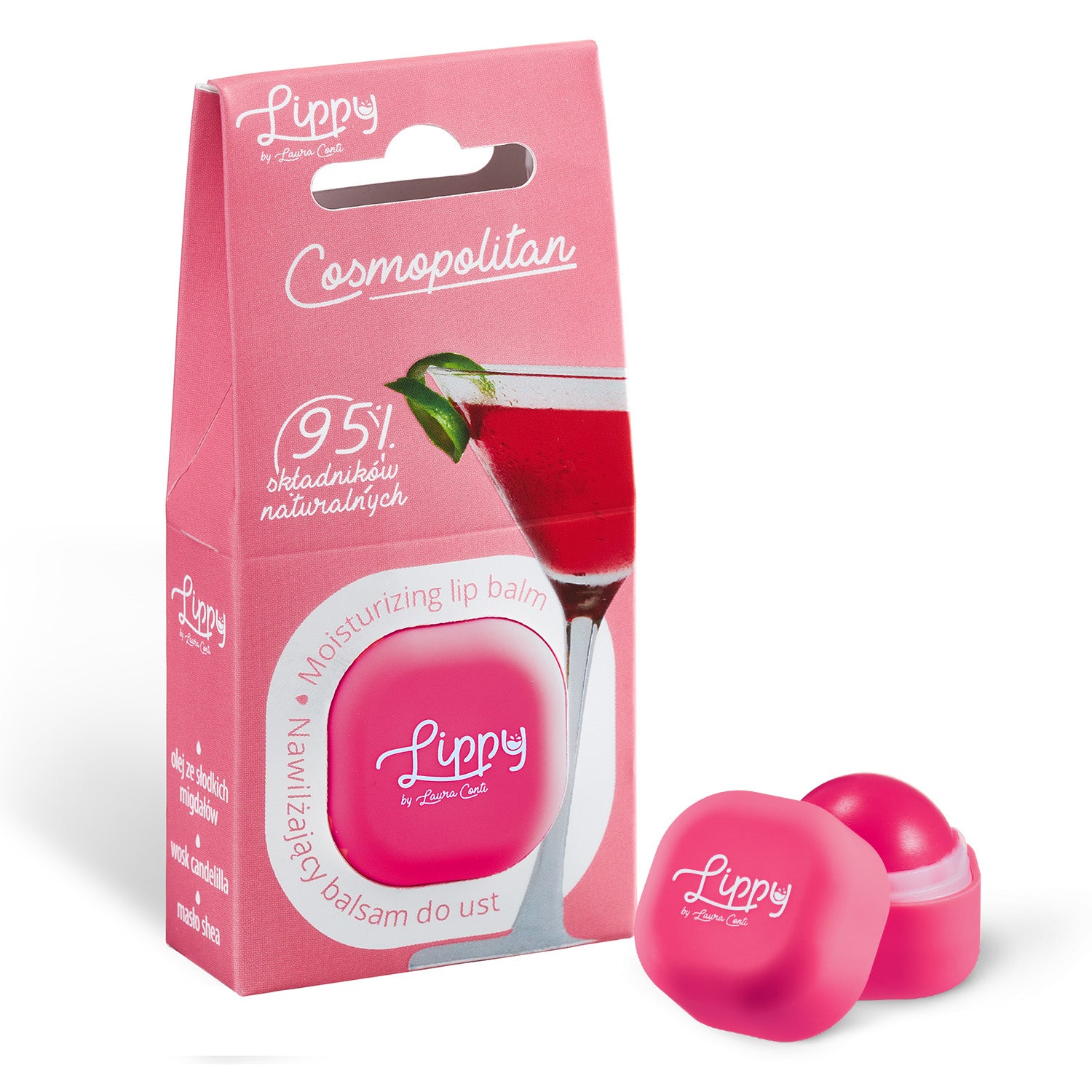 Pink lip balm with packaging featuring 'Lippy' branding on a white background