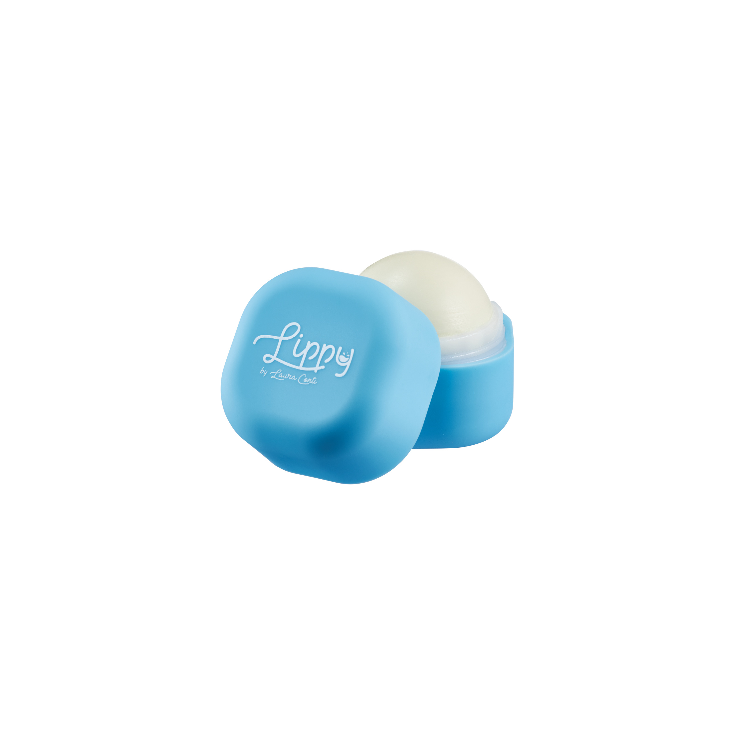 Blue lip balm container with white lip balm on a white background