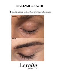 Before and after comparison of eyelashes using Lashes2Love Fullgrowth serum by Lerelle Beauty.