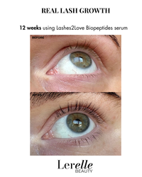 Before and after comparison of eye lashes using Lashes2Love Biopeptides serum by Lerelle Beauty.